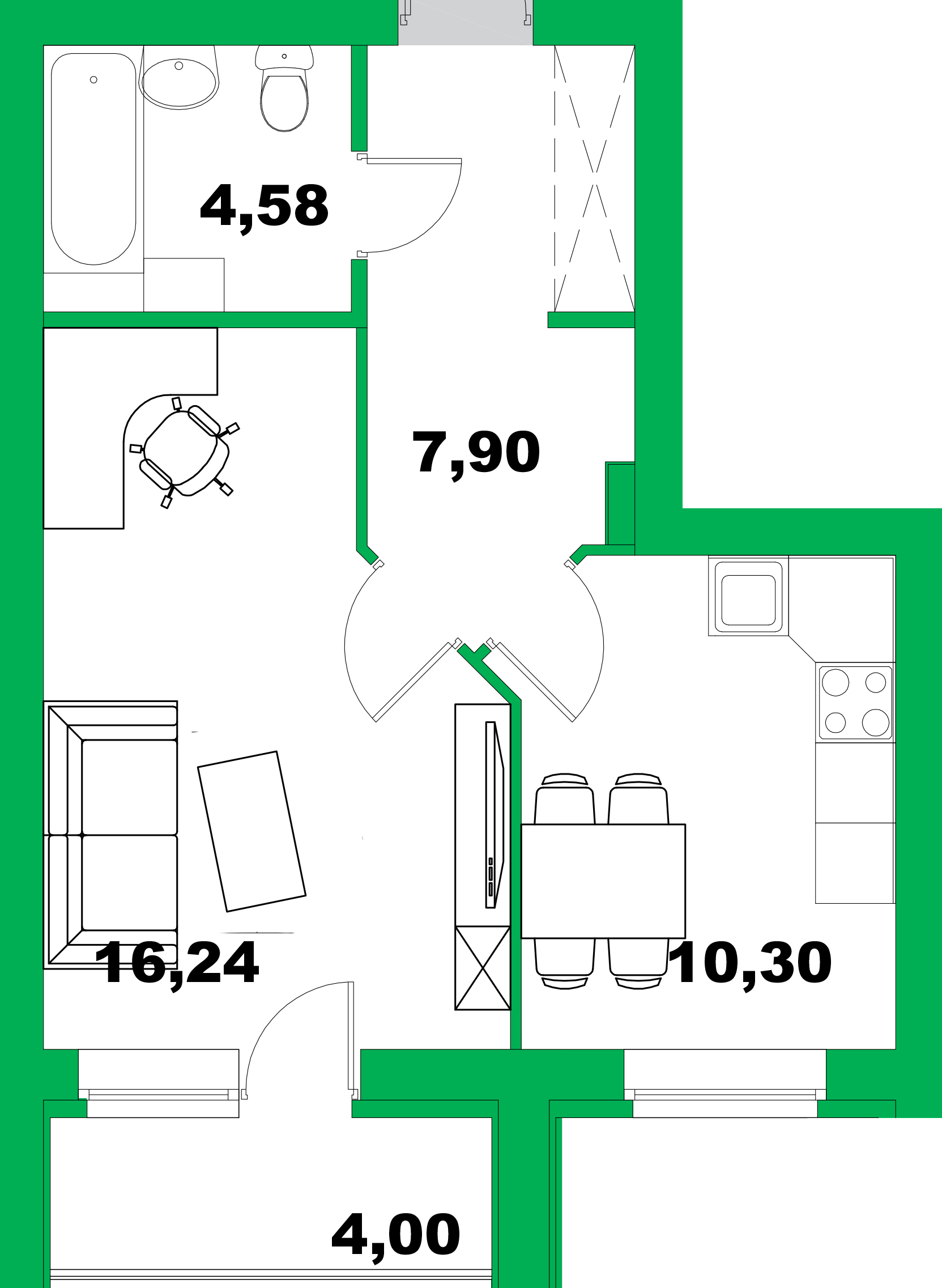1-комнатная, 41.02 м²