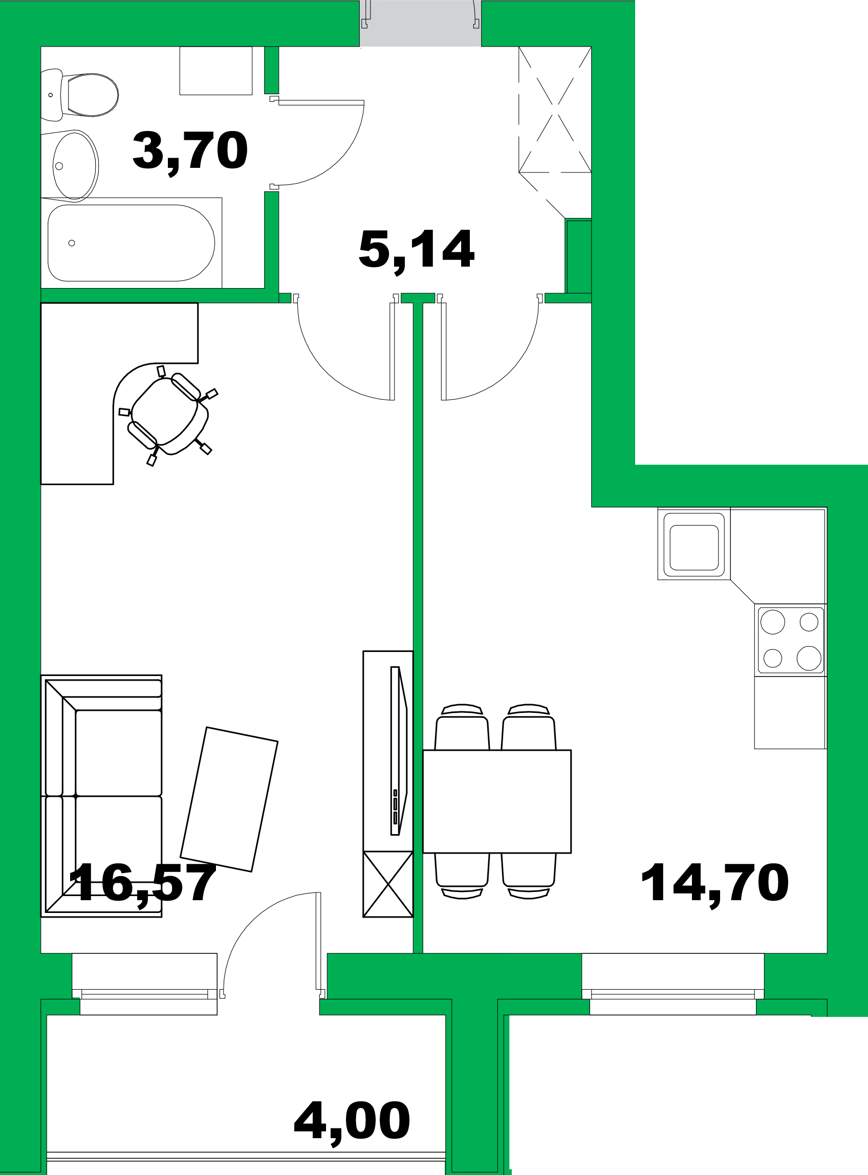 1-комнатная, 42.11 м²