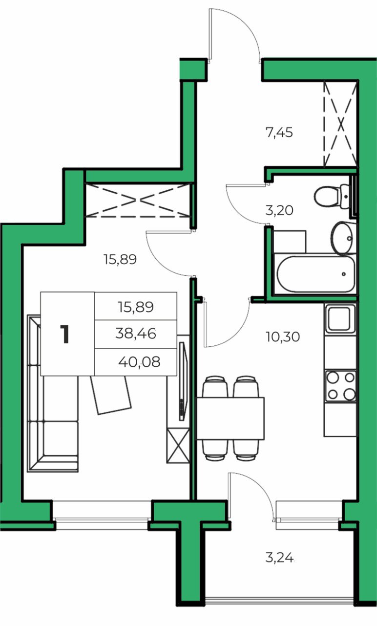 1-комнатная, 38.46 м²
