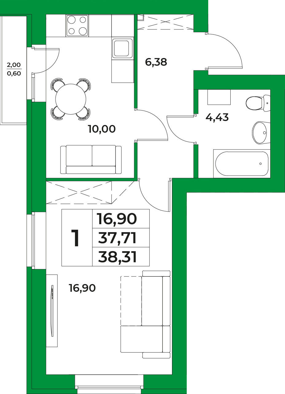 1-комнатная, 38.31 м²