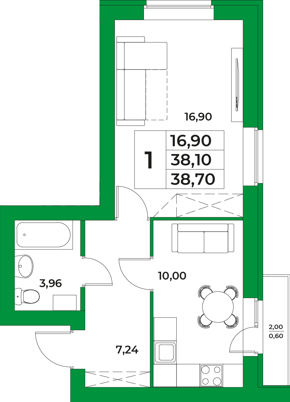 1-комнатная, 38.70 м²