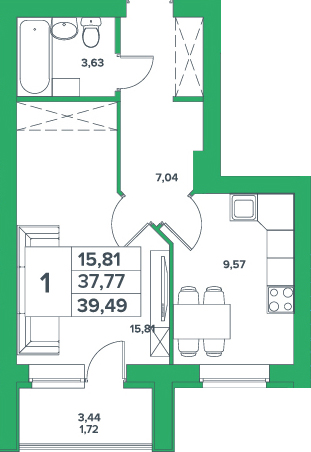 1-комнатная, 37.77 м²