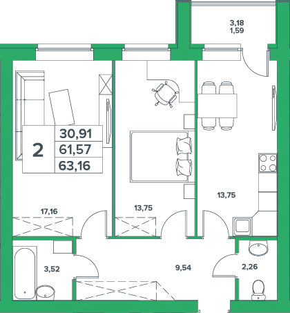 2-комнатная, 61.57 м²