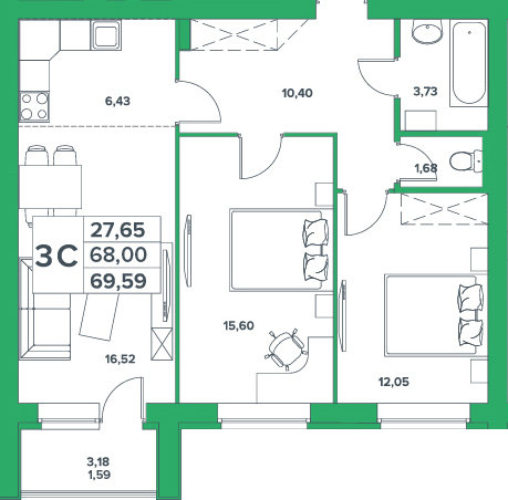 2-комнатная, 68.00 м²