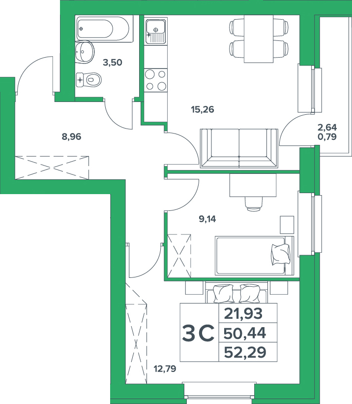3-комнатная, 50.44 м²