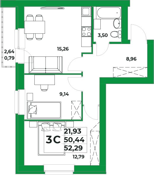 3-комнатная, 50.44 м²