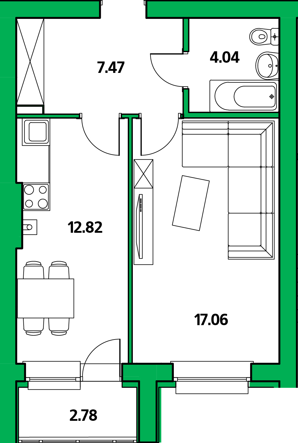 1-комнатная, 42.78 м²