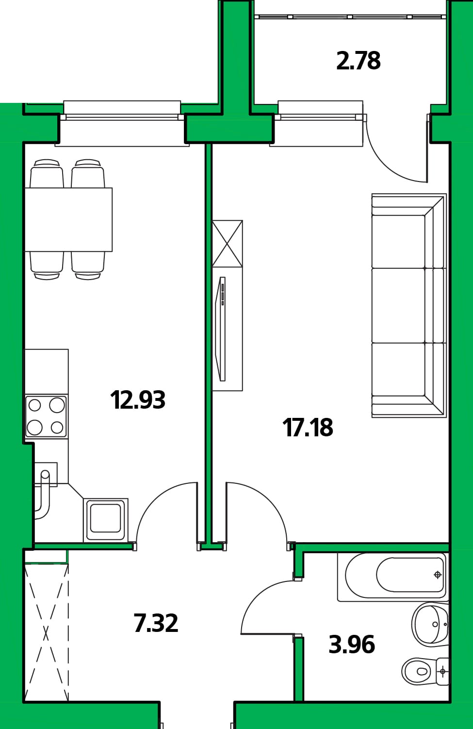 1-комнатная, 42.78 м²