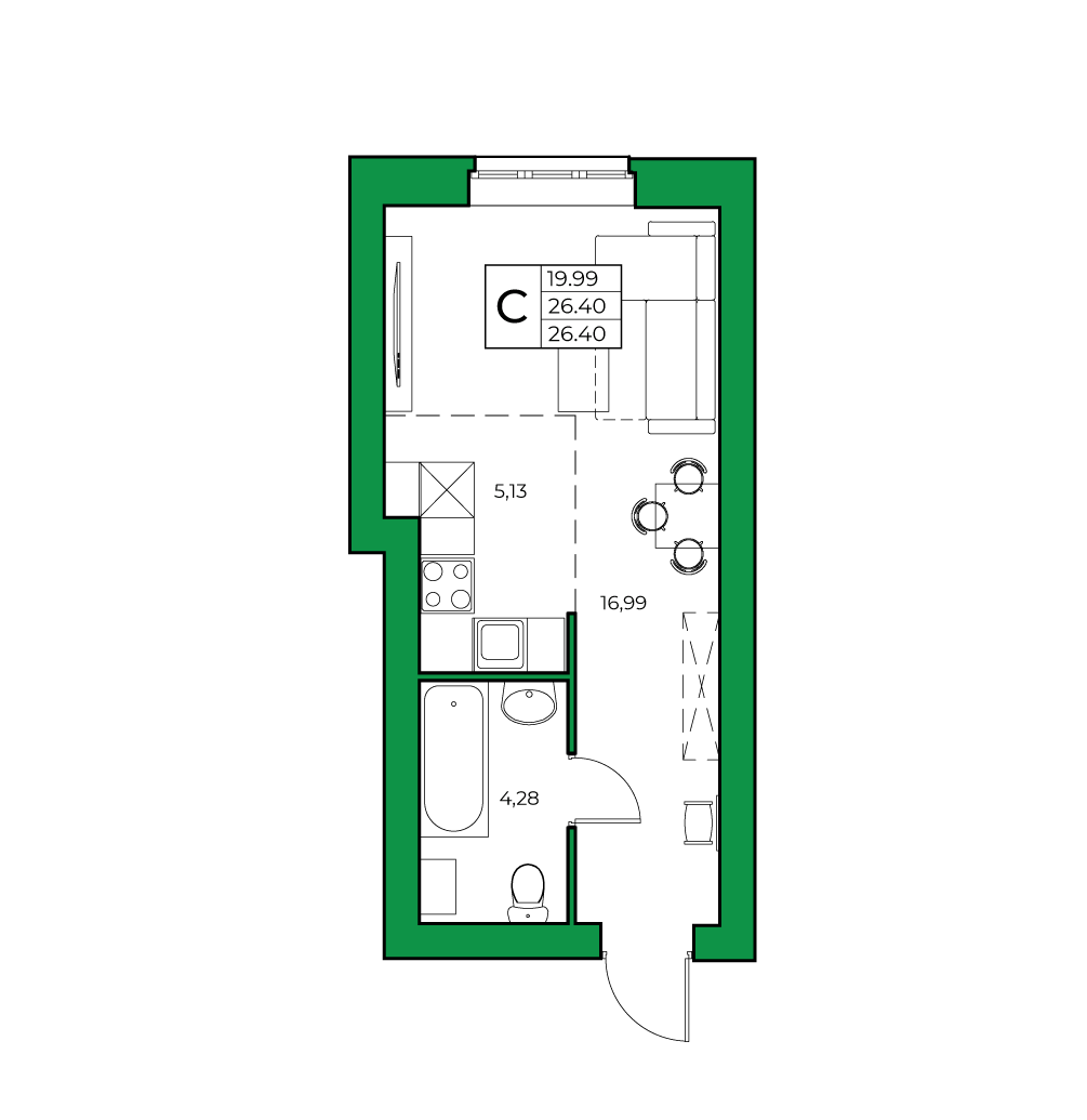 1-комнатная, 26.40 м²