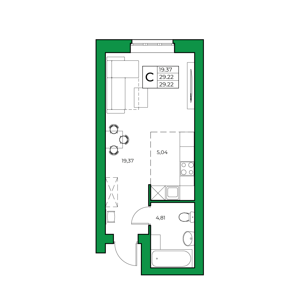 1-комнатная, 29.22 м²