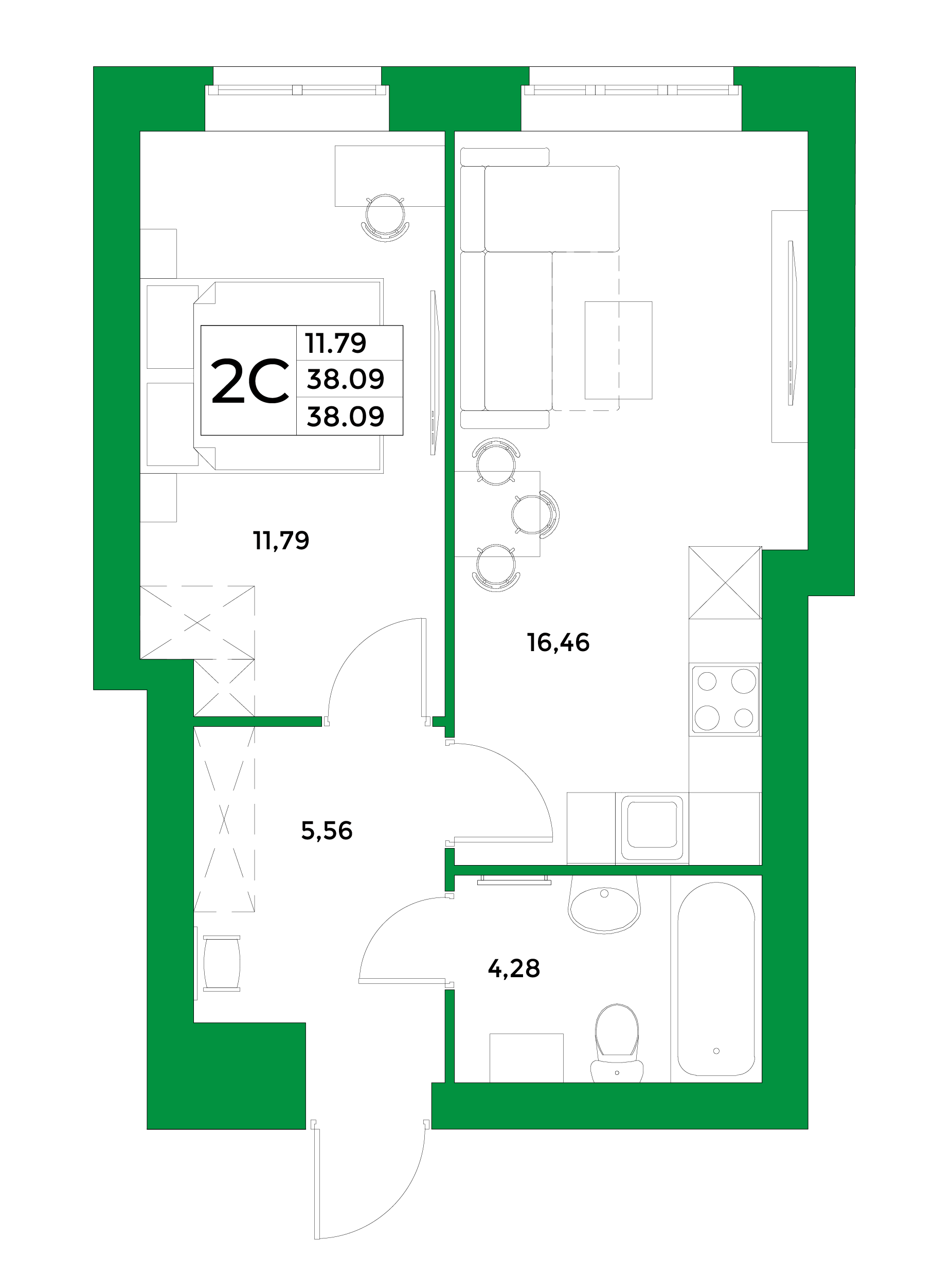 2-комнатная, 38.09 м²