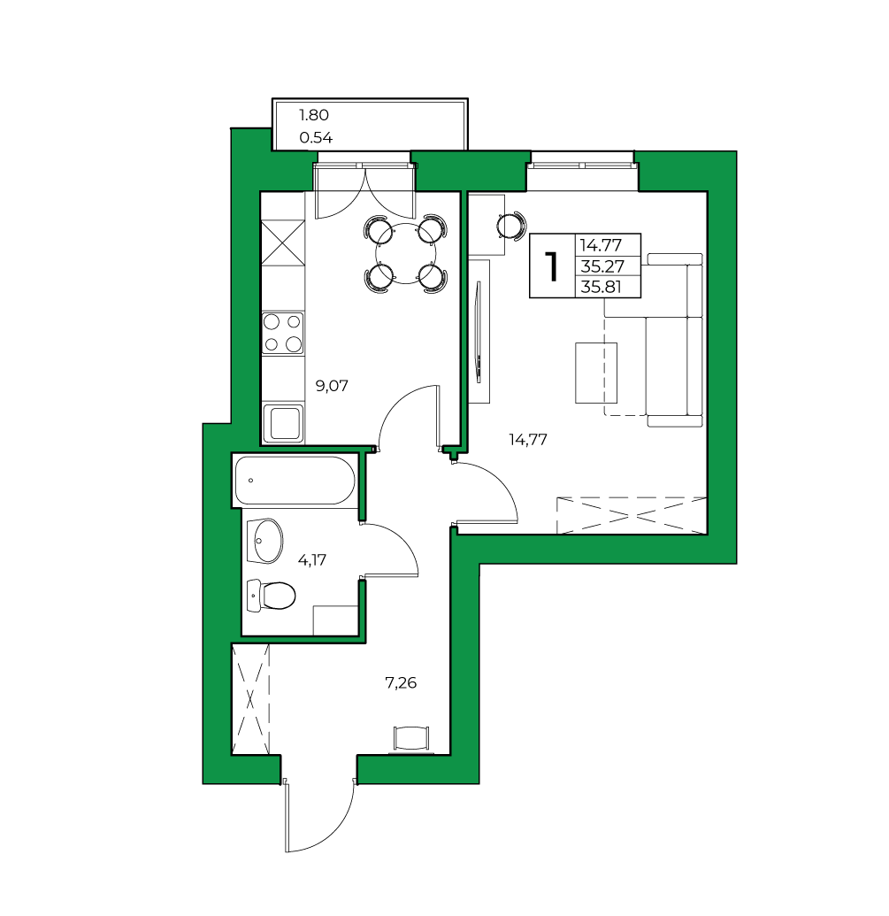 1-комнатная, 35.81 м²