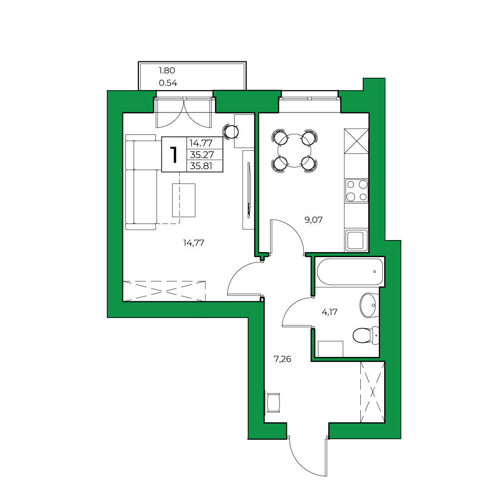 1-комнатная, 35.81 м²