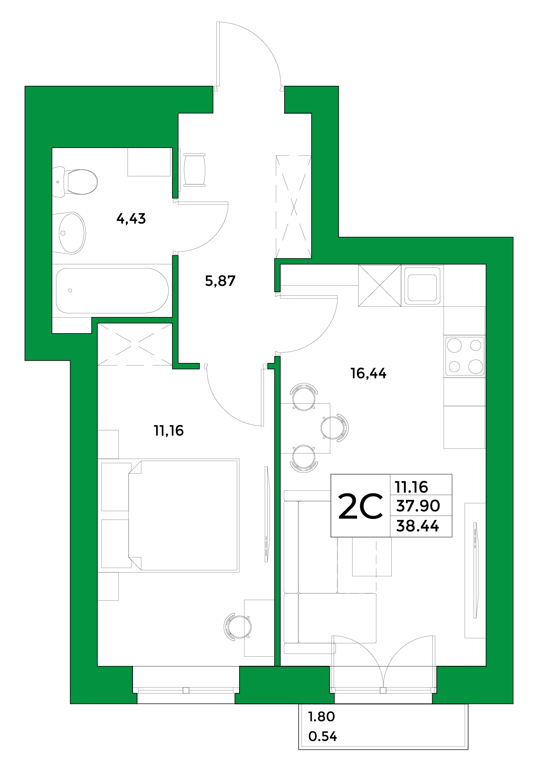 2-комнатная, 38.44 м²
