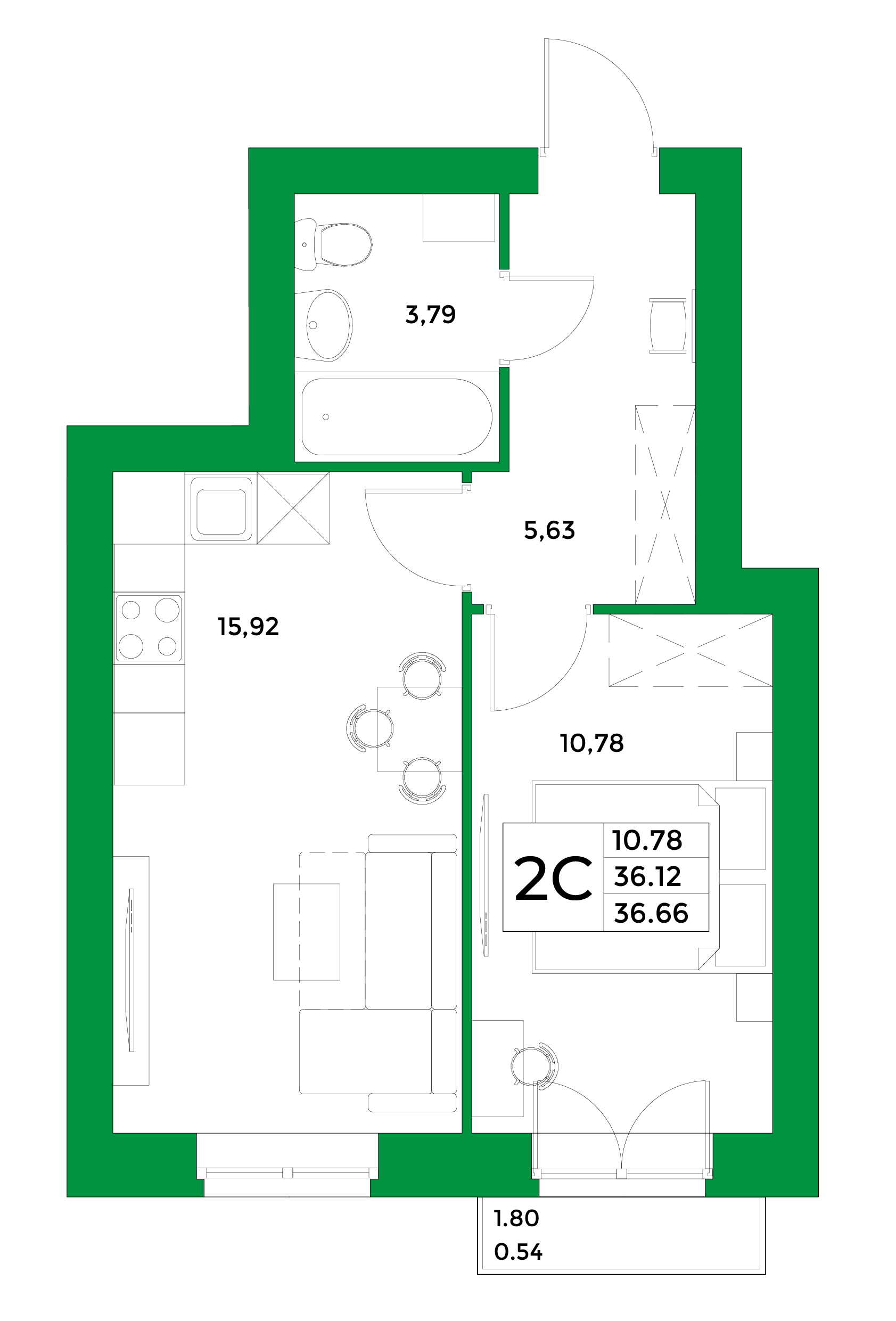 2-комнатная, 36.66 м²