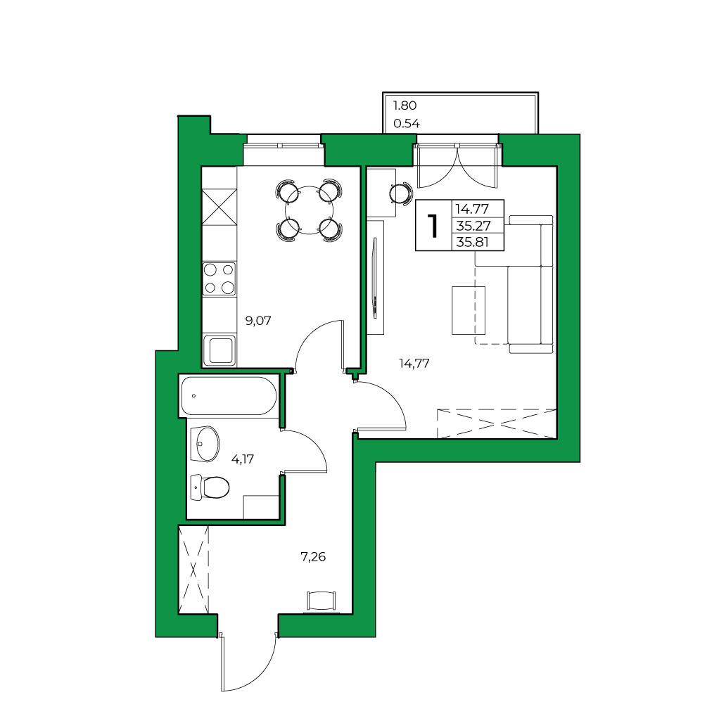 1-комнатная, 35.81 м²