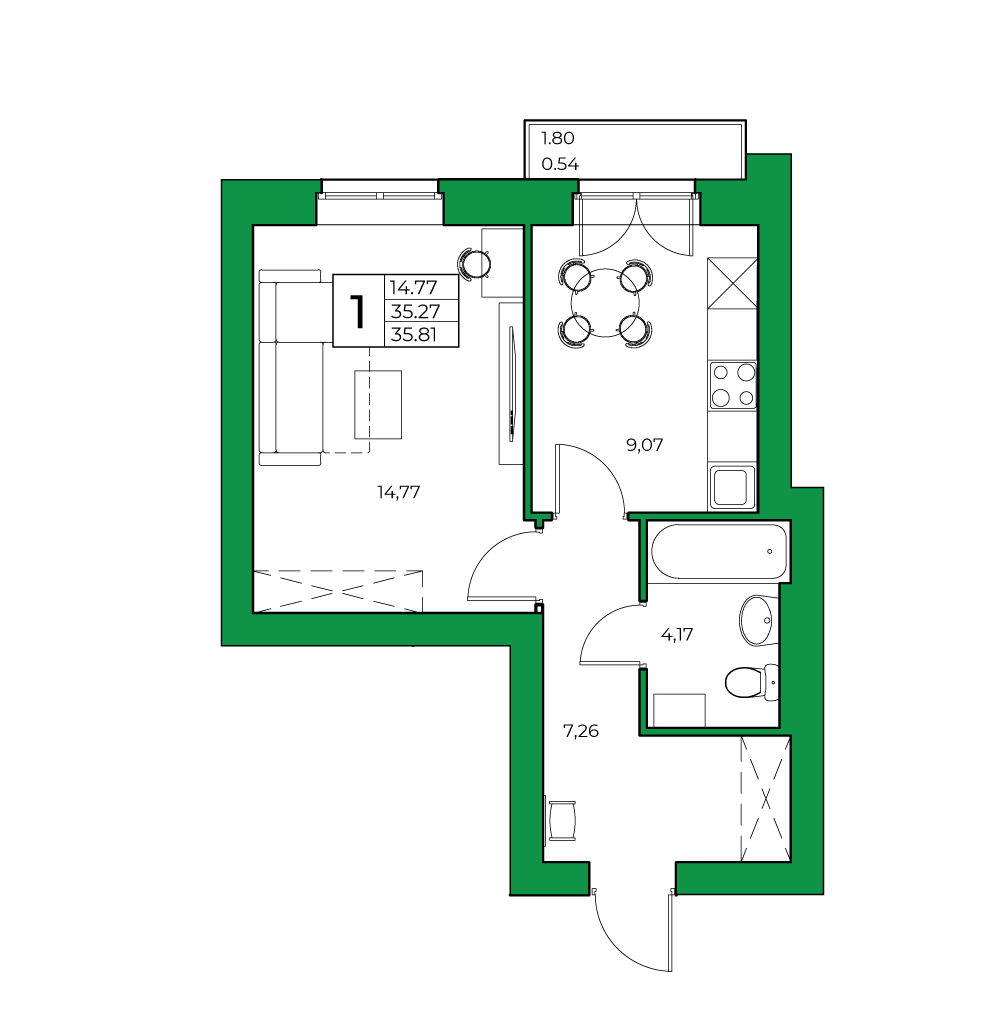1-комнатная, 35.81 м²