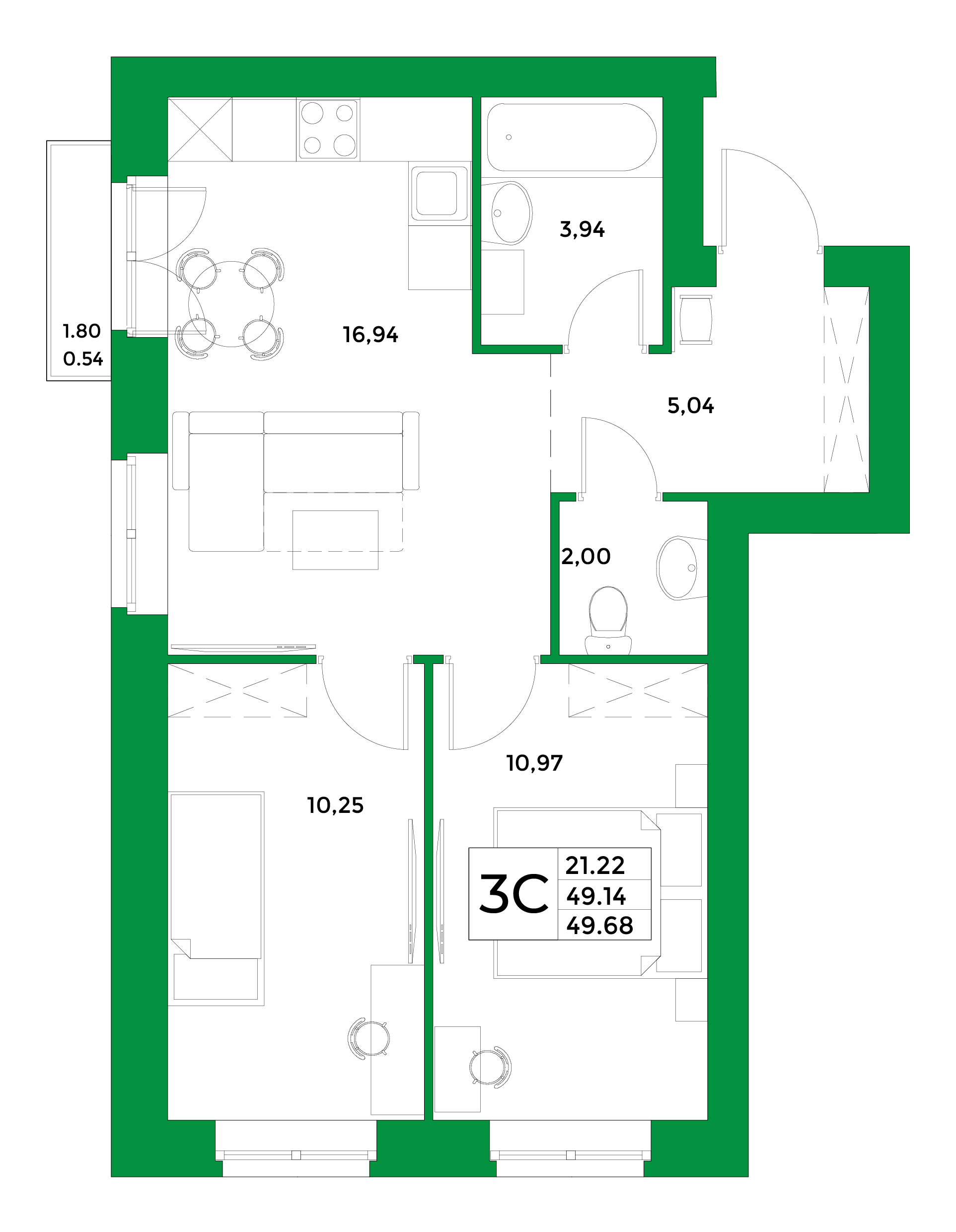 3-комнатная, 49.68 м²