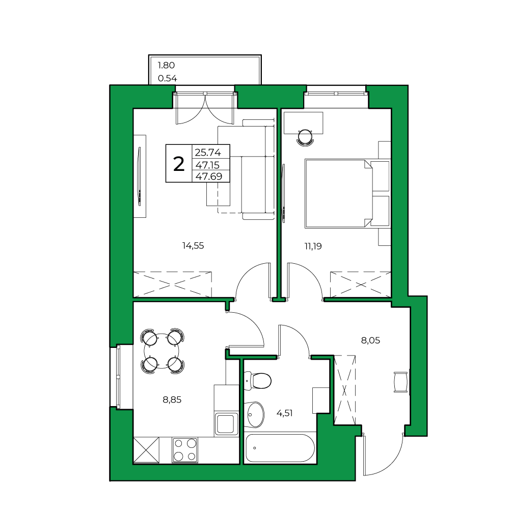 2-комнатная, 47.69 м²